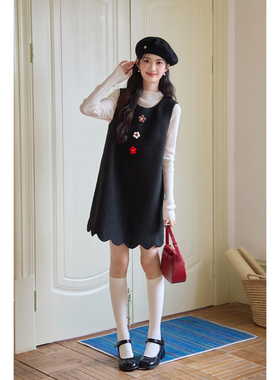 弥古法式小香风黑色连衣裙女2025新款秋冬马甲裙小个子毛衣背心裙