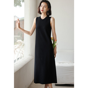 弥古黑色背心裙直筒无袖针织连衣裙女夏季内搭打底小黑裙度假裙子