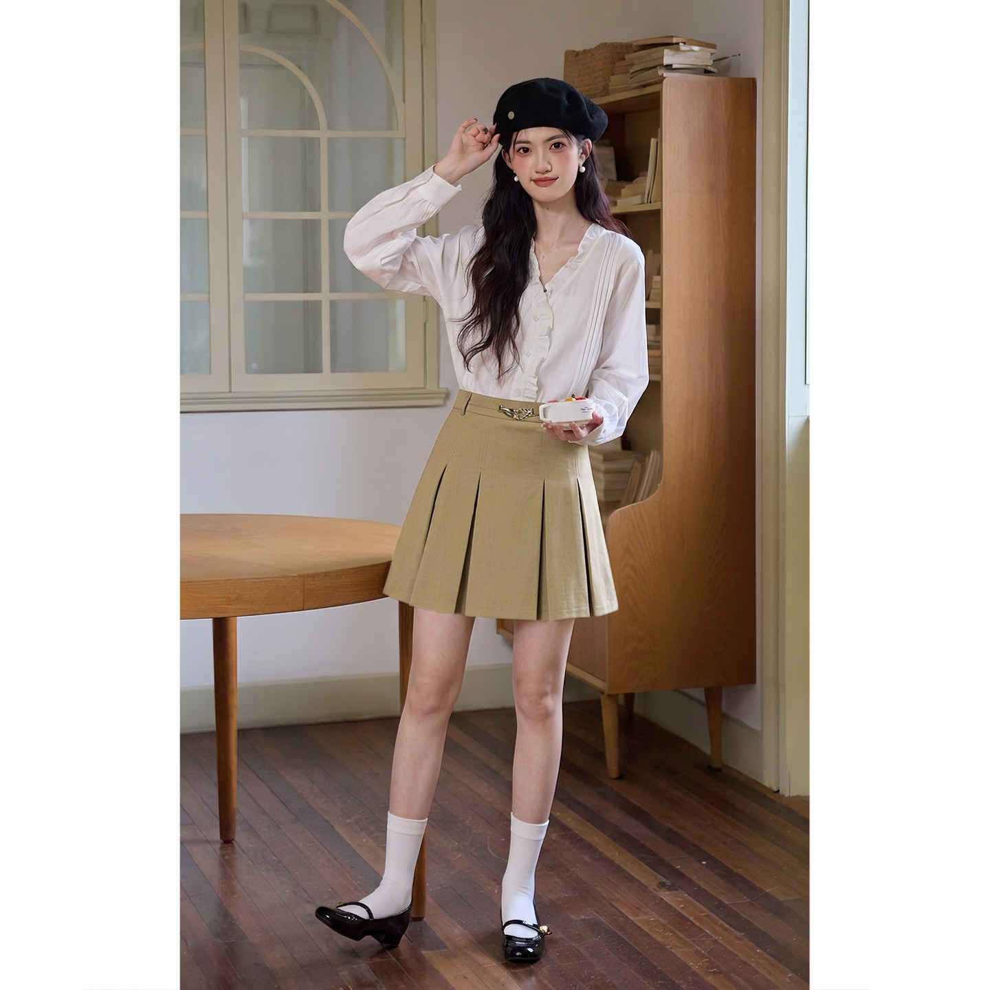 弥古卡其色学院风百褶半身裙女2026春秋小个子a字半裙美拉德短裙