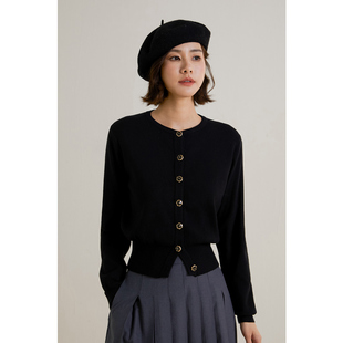 弥古黑色长袖针织衫上衣法式小香风毛衣内搭打底女秋冬外套高级感