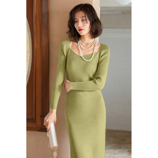 包臀裙 修身 弥古绿色方领针织连衣裙女外穿春季 内搭打底中长裙长袖