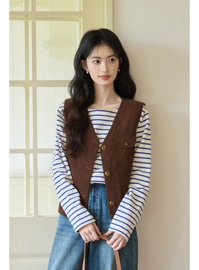 弥古咖色灯芯绒马甲女2025新款秋冬叠穿美拉德马夹无袖背心上衣