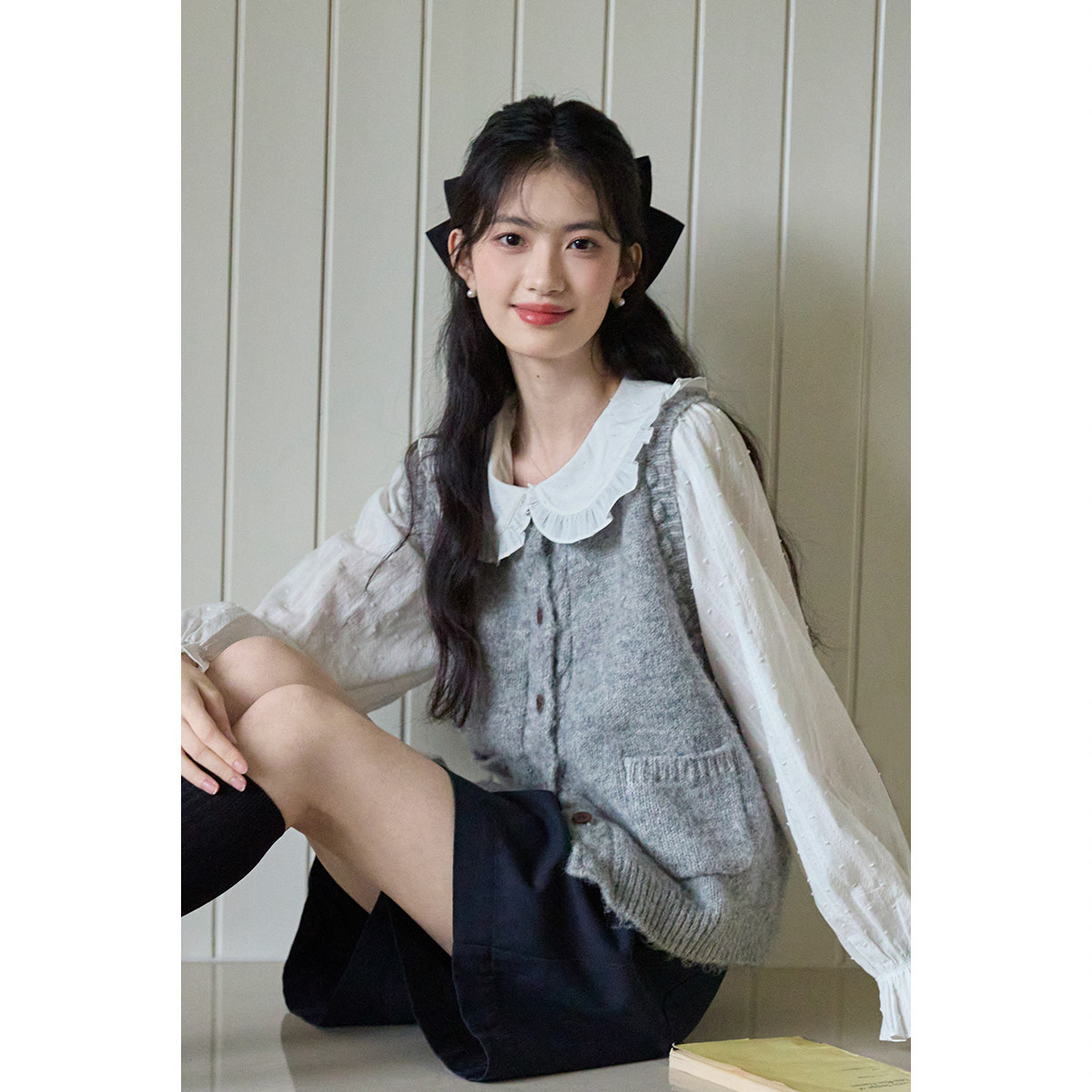 弥古灰色针织马甲女春季叠穿气质无袖麻花背心小个子毛衣马夹上衣