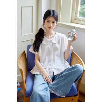 弥古白色娃娃领衬衣女夏高级感短袖亚麻衬衫2025新款宽松法式上衣