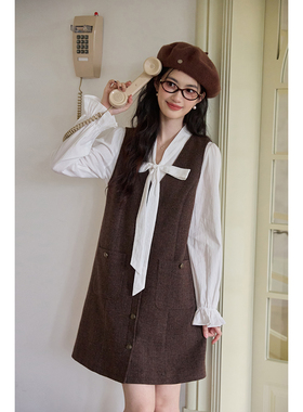 弥古小香风咖色背心裙女宽松美拉德小个子连衣裙2025年秋冬马甲裙