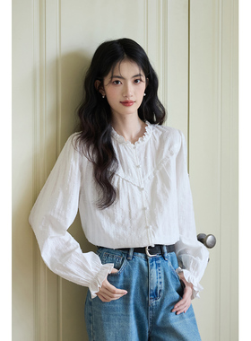 弥古白色蕾丝内搭衬衫上衣女秋冬新款长袖法式花边泡泡袖纯棉衬衣