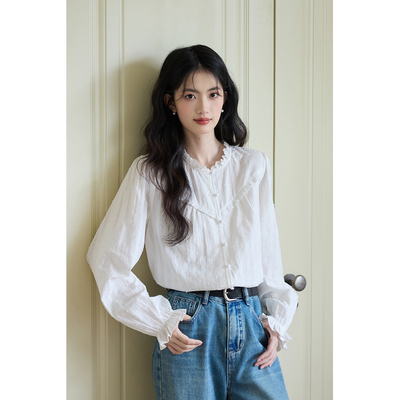 弥古白色蕾丝衬衫上衣女2025秋季新款长袖法式花边泡泡袖纯棉衬衣