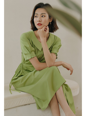 弥古短袖绿色连衣裙法式收腰t恤裙女夏季三亚沙滩裙海边度假裙子