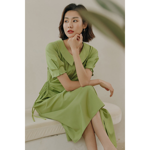 弥古短袖绿色连衣裙法式收腰t恤裙女夏季三亚沙滩裙海边度假裙子