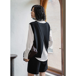 弥古复古开叉针织马甲女款设计感小众秋冬黑色无袖背心不规则上衣