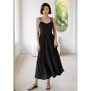 弥古黑色吊带裙法式连衣裙高级感小黑裙长裙女夏季修身内搭打底裙