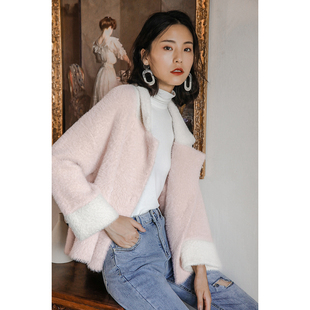 弥古粉色毛衣外套女秋冬加厚保暖仿貂绒大衣高级感慵懒松弛感上衣