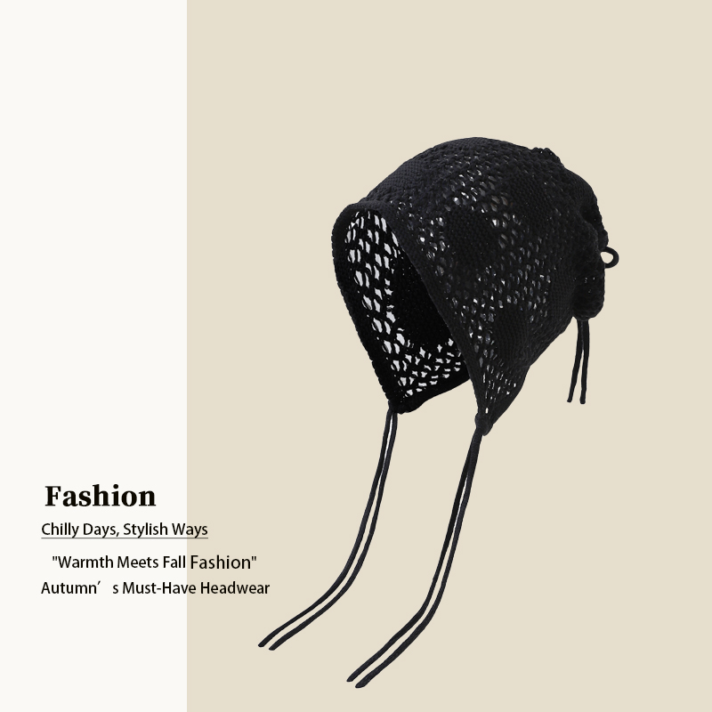 张婧仪同款镂空包头帽子女春秋季新款透气网洞绑带显脸小针织冷帽