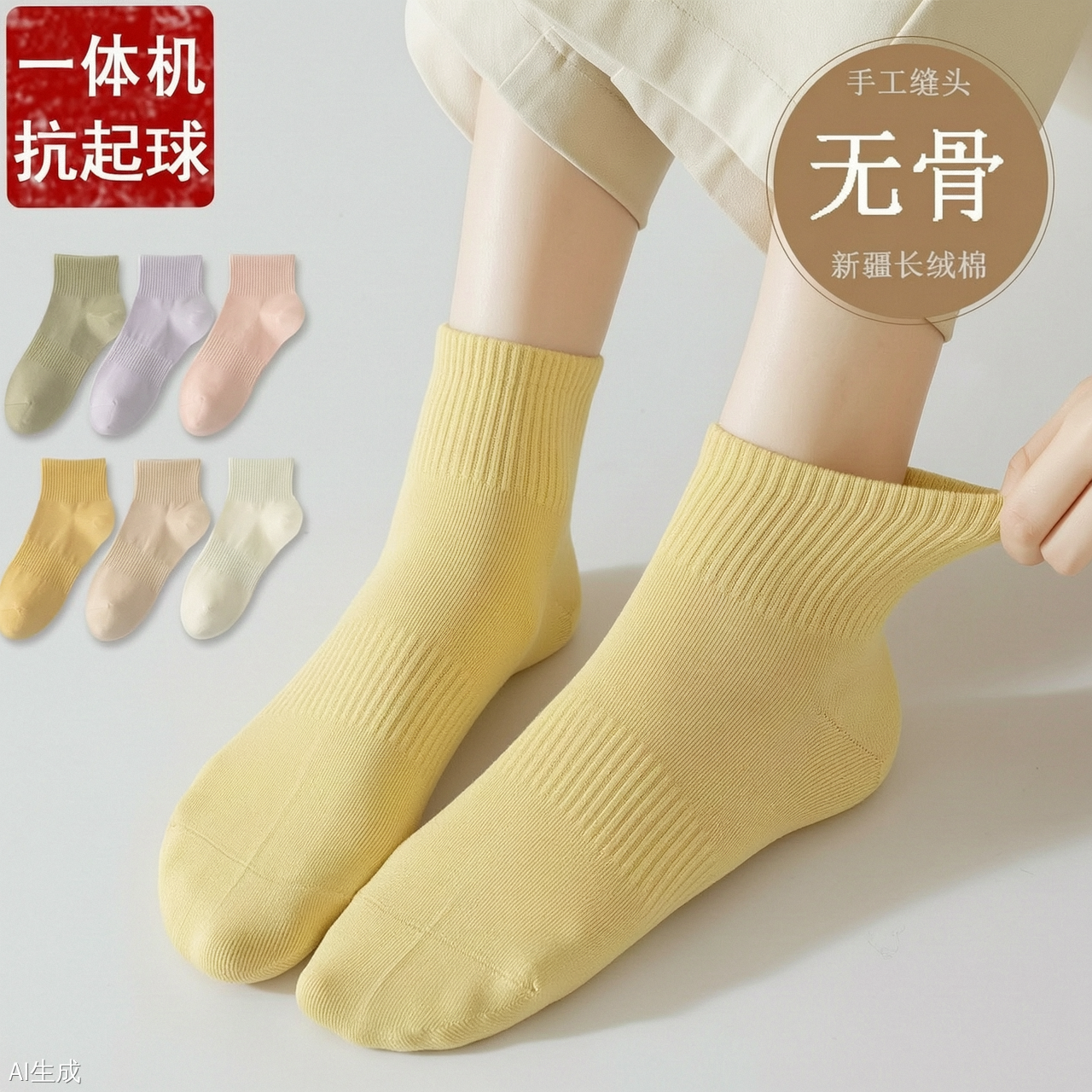 浅黄色无骨缝头袜子女春夏纯色透气吸汗运动女袜精梳棉中筒袜棉袜