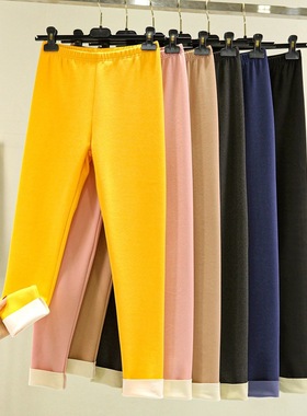 亮黄色保暖裤女秋冬AB面德绒秋裤加绒加厚打底磨毛亲肤保暖小脚裤