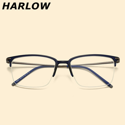 蓝色斯文半框眼镜框可配近视镜片