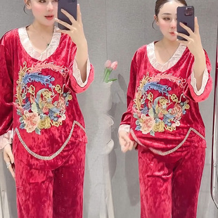 2024秋冬新款 金丝绒睡衣女本命年红色龙凤呈祥中国风家居服两件套