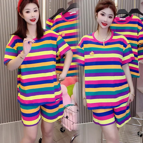 短袖家居服套装可爱彩虹条纹睡衣