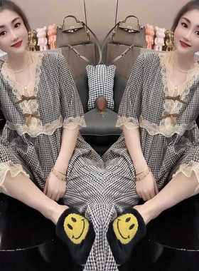 韩版格子棉麻家居服女夏薄款网红短袖长裤睡衣时尚两件套蕾丝拼接