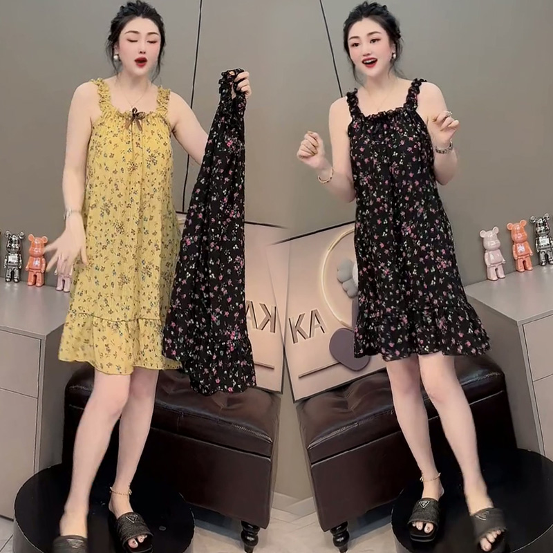 韩版碎花甜美吊带睡裙女夏薄款透气睡衣宽松大码显瘦家居服可外穿