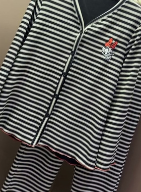 韩版V领开衫条纹双面德绒睡衣女秋冬加厚宽松大码舒适家居服套装