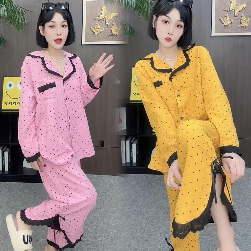 少女甜美风蕾丝花边拼接波点睡衣女春秋款2026新款纯欲家居服套装