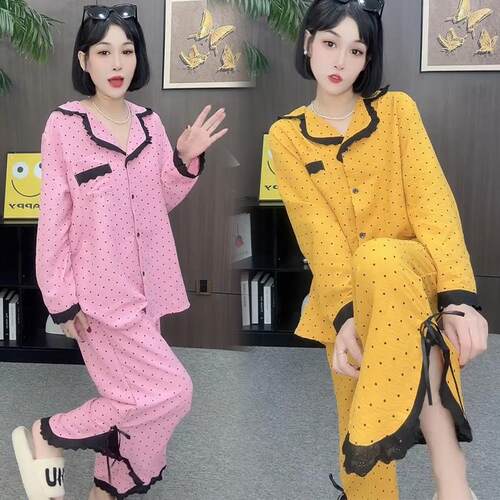 少女甜美风蕾丝花边拼接波点睡衣女春秋款2026新款纯欲家居服套装