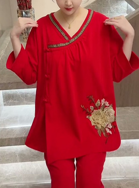 2026本命年红色纯棉刺绣睡衣女冬民族风V领七分袖宽松家居服套装