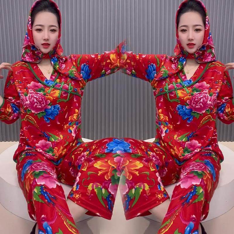 2025睡衣女冬双面磨毛本命年红色亲子装东北大花布家居服宽松大码