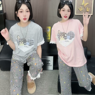 韩版棉质睡衣女夏季短袖格子裤宽松学生甜美卡通可爱家居服两件套