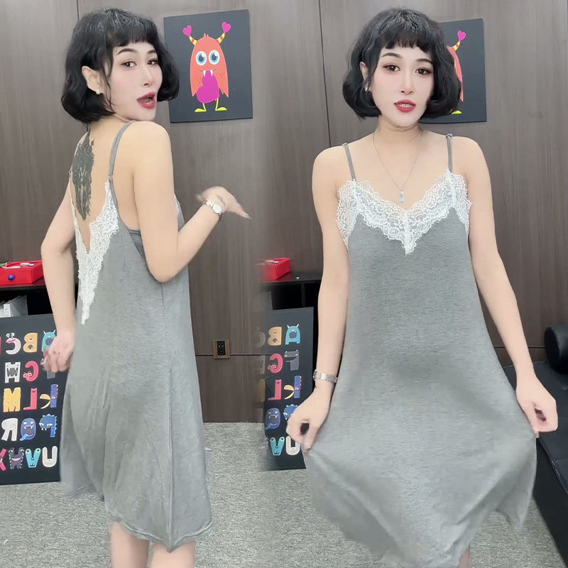 韩版吊带睡裙女夏美背学生宽松大码休闲蕾丝花边带胸垫家居服睡衣