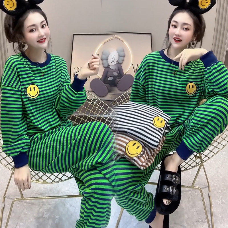 学生条纹显瘦睡衣女秋款