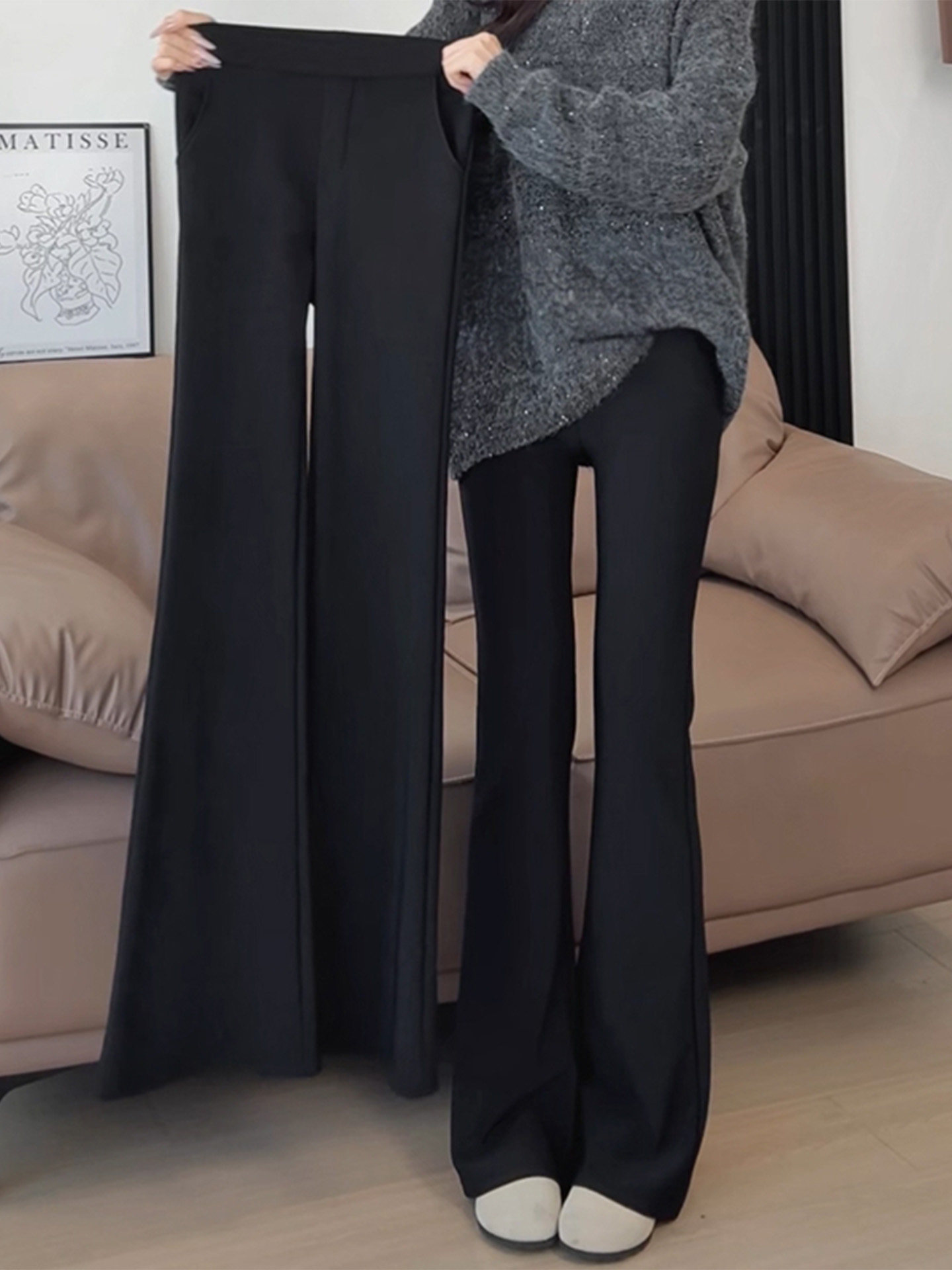 黑色加绒微喇西装裤女2025新款胖mm大码显瘦垂感休闲小个子喇叭裤