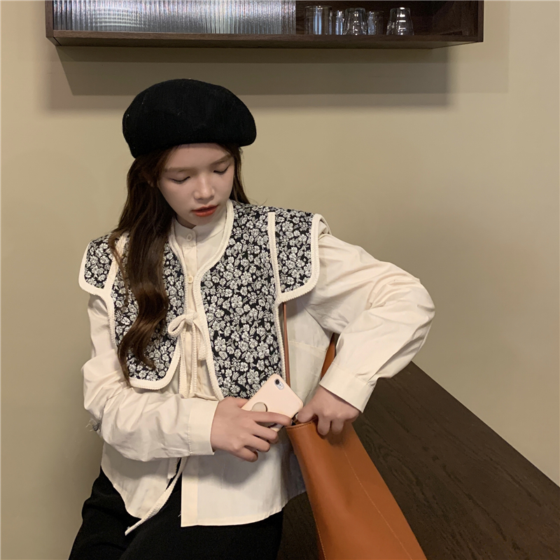 Real shot spring retro French design shawl shirt round neck long sleeve two piece suit shirt girl