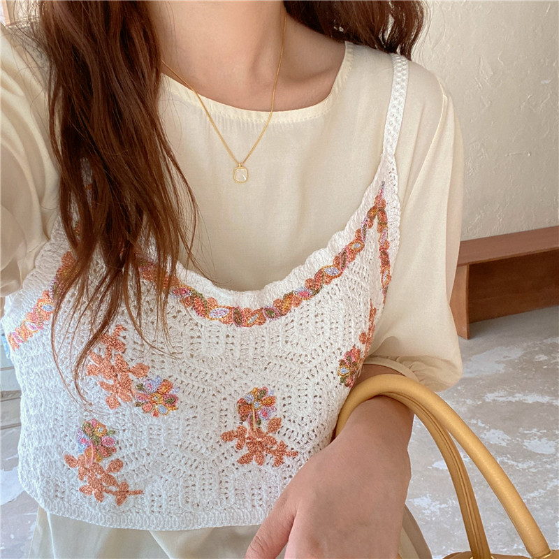 Real photo - 2021 summer new retro embroidery hook Flower Chiffon Short Sleeve Chiffon shirt two piece suit