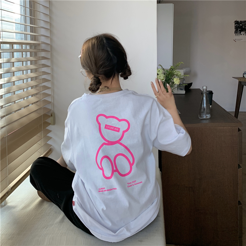 實拍夏季新款中長款寬鬆小熊印花短袖恤上衣女潮