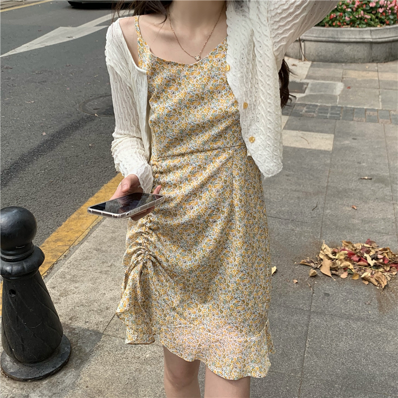 Real shot summer Chiffon floral suspender skirt with drawstring fishtail dress + soft hollow out topcoat