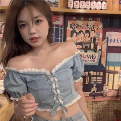 Real shooting summer new niche short design chic shirt Denim Short Sleeve small lace shirt girl