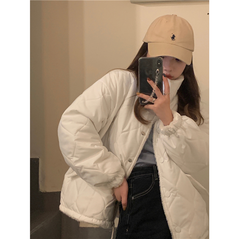 Real shot ~ winter new Korean style loose style straight tube cotton padded jacket with plush and wool stitching