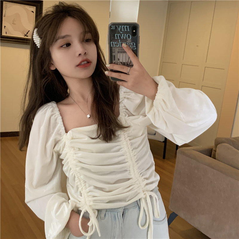 Real shot spring style slim square neck off shoulder Vintage velvet drawstring Long Sleeve Jacket