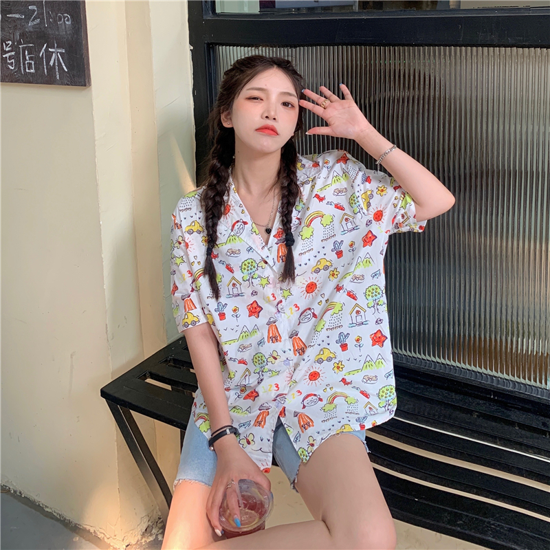 Real shooting ~ summer new college style graffiti cartoon Shirt Short Sleeve loose and thin cute student shirt female trend