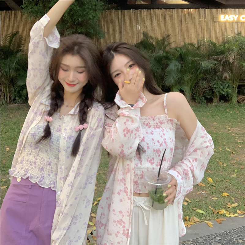 Real shot ~ 2021 summer new sweet cherry Print Shirt chiffon shirt + waist slim floral sling girl