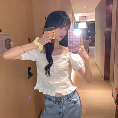 Real French court style shirt Korean spring new retro square neck short bubble sleeve top