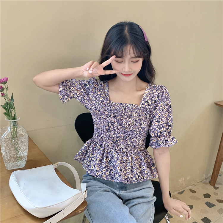 實拍夏季新款韓版修身顯瘦百搭方領小碎花短袖雪紡上衣女