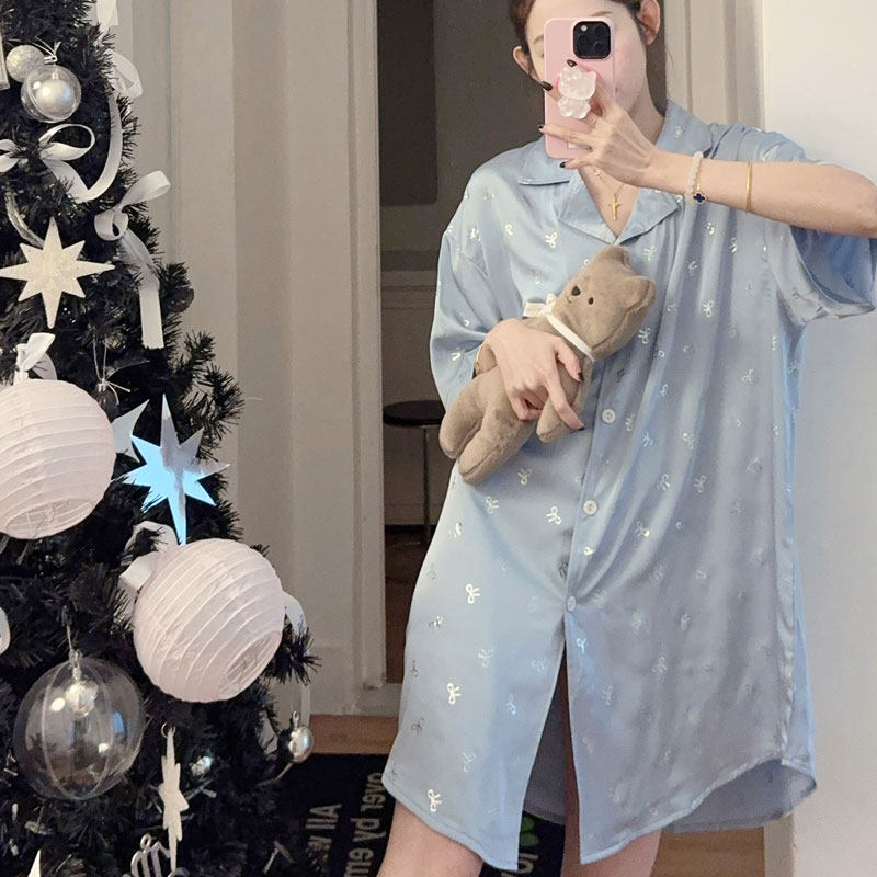 第一初恋 烫银弹力缎衬衫裙夏季睡衣家居服超仙性感家居服女柔软