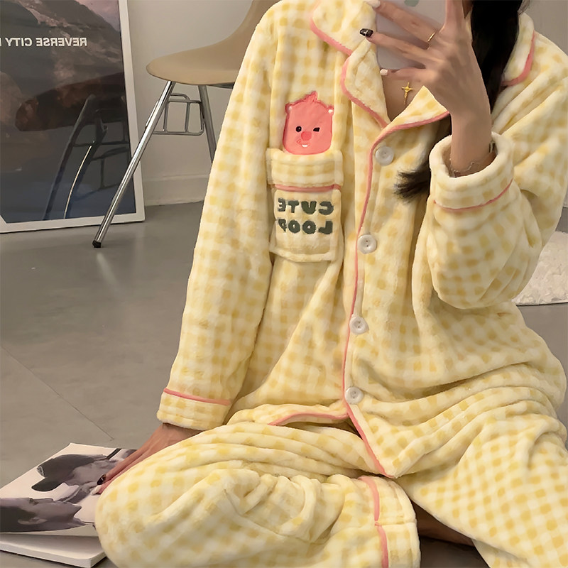 睡衣女春秋季毛绒新款长裤长袖两件套冬开衫家居服珊瑚法兰绒露比
