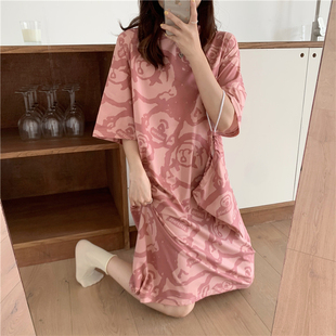 家居服 宽松卡通睡裙女夏季 纯棉短袖 胖妹妹加肥加大码 全棉夏天长款