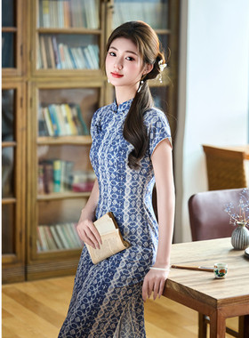 蓝色青花长款棉麻连袖旗袍女2026春夏新款复古国风新中式日常可穿
