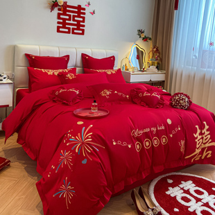 喜庆婚庆四件套纯棉被套红色床单新婚六件套结婚床上用品喜被陪嫁
