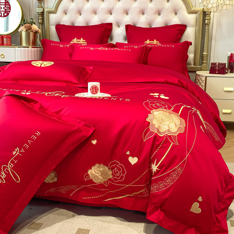 160支全棉婚庆四件套新婚纯棉100床单被套大红结婚房喜庆床上用品